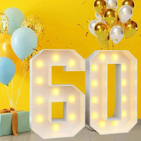 Chiffre lumineux géant – nombre 60 devant des ballons jaunes et bleus