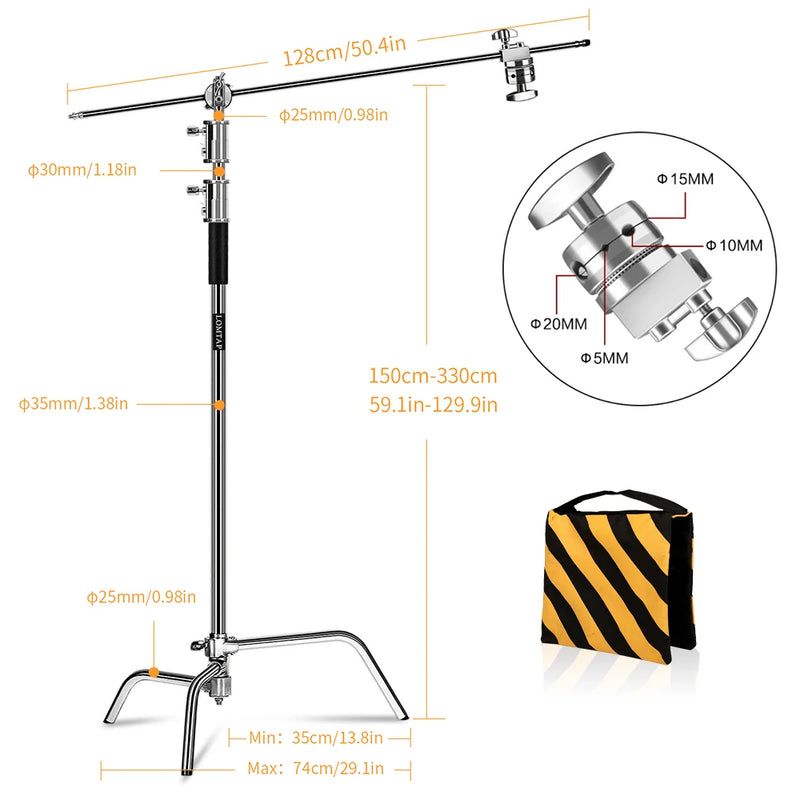 Pied C-stand inox – dimensions : hauteur de 150 à 330 cm, bras de 128 cm et sac de lest