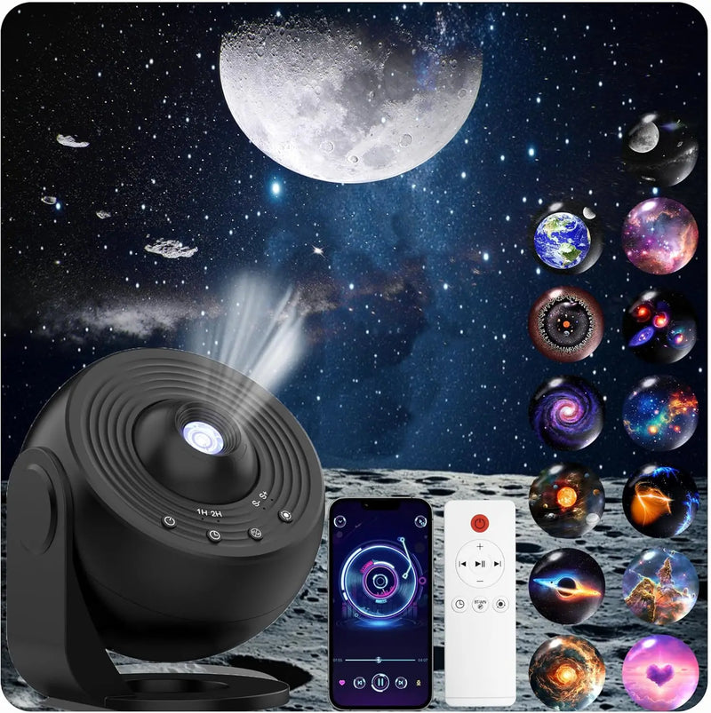 Projecteur ciel étoilé planétarium 13 disques – projecteur près d'un téléphone et d'une télécommande avec une lune projetée
