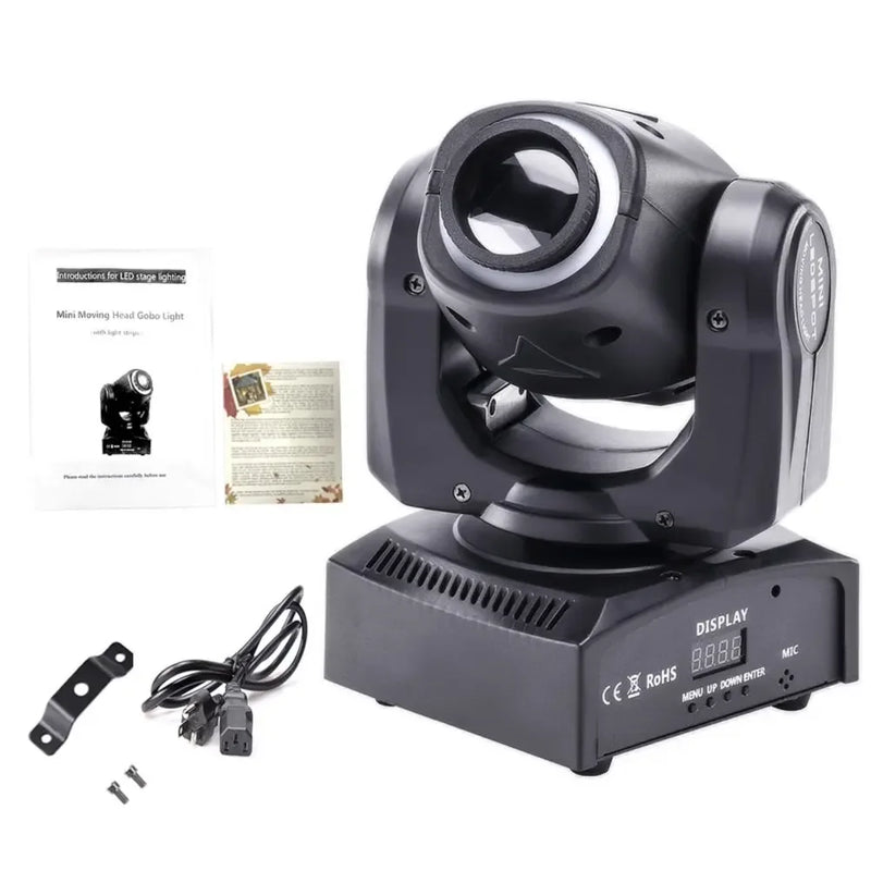 Mini lyre LED beam 60 W à anneau RGB, 8 gobos, DMX, à l'unité ou par 2