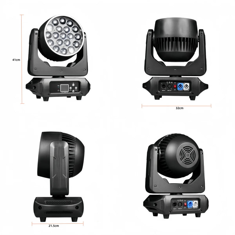 Lyre LED wash 19 x 15 W RGBW à anneau halo, zoom 8° à 60°, DMX