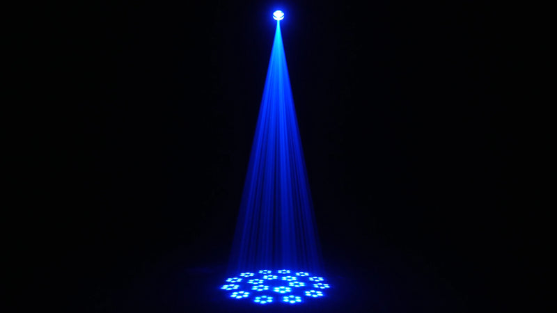 Lyre LED beam 200 W à 18 prismes – faisceau bleu étroit vu de face
