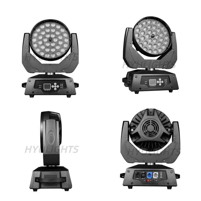 Lyres LED wash 36 x 18 W – quatre vues de la lyre