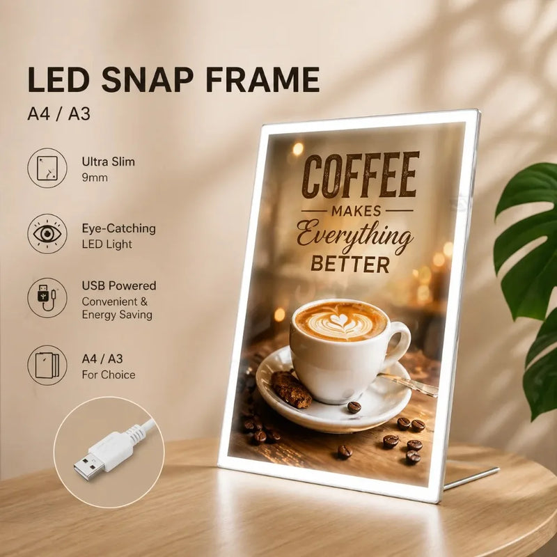 Cadre lumineux LED ultra-fin – cadre blanc allumé, formats A4 et A3, alimentation USB