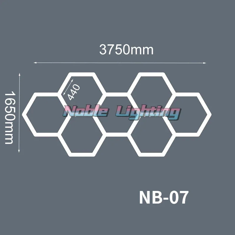 Éclairage LED nid d'abeille – configuration de 7 hexagones de 375 x 165 cm
