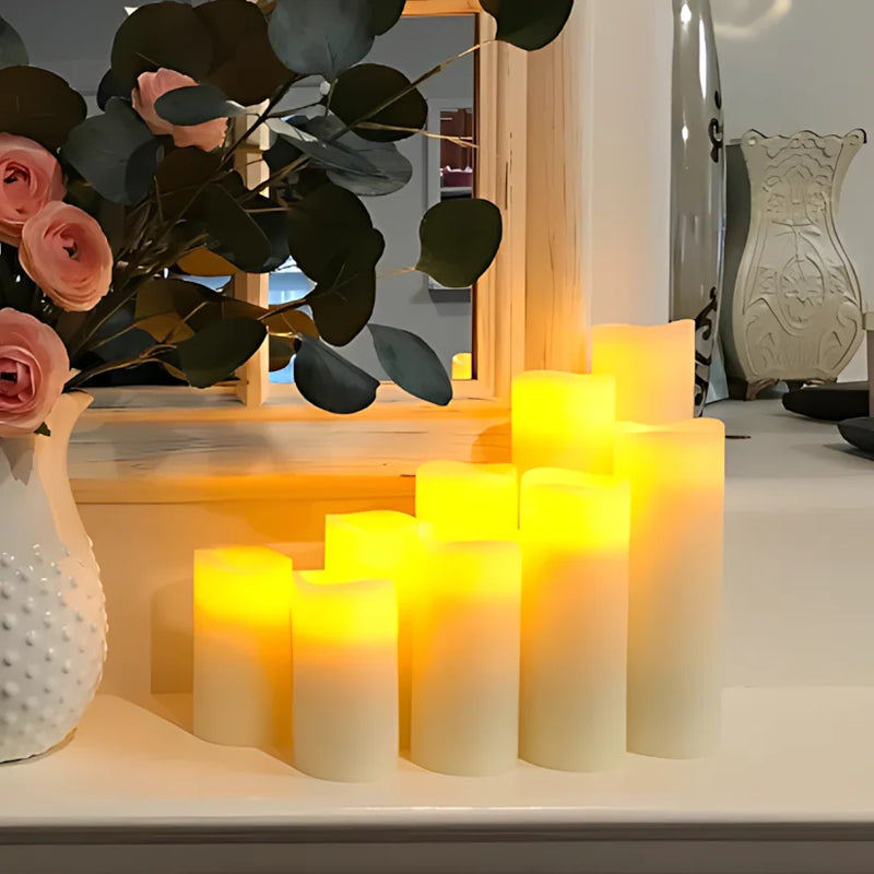 Bougies colonnes LED flamme vacillante, piles incluses, lot de 9 à 120