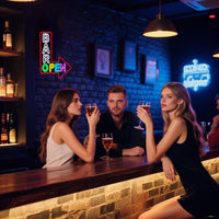 Enseigne néon BAR OPEN en flèche – comptoir de bar animé