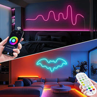 Ruban LED néon RGB – commande par application et télécommande dans un salon