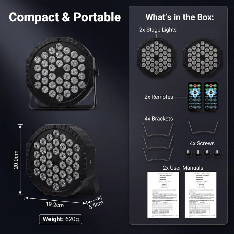 PAR LED 36 W RGB – contenu du lot et dimensions d'un projecteur