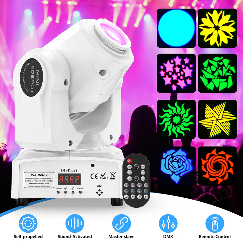 Mini lyre LED spot 60 W blanche à 7 gobos, 7 couleurs, télécommande, DMX 9 ou 11 canaux