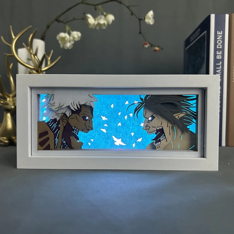 Cadre lumineux Attaque des Titans – combat de titans, cadre allumé en bleu