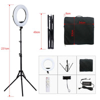 Anneau lumineux LED 45 cm – cotes du trépied et du sac : hauteur de 231 cm, trépied replié de 49 cm, sac de 54 x 53 x 9 cm, contenu du kit