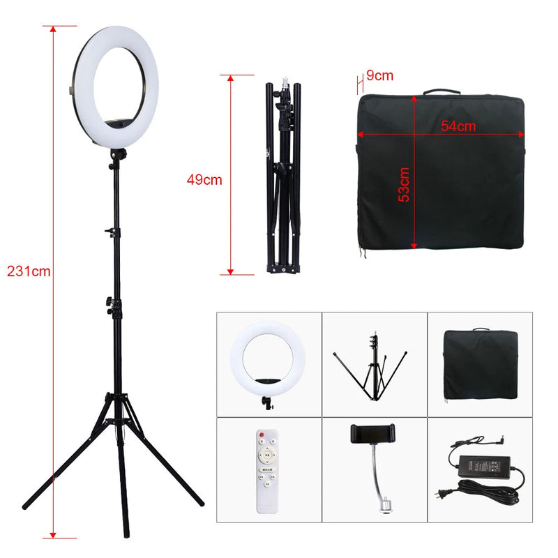Anneau lumineux LED 45 cm – cotes du trépied et du sac : hauteur de 231 cm, trépied replié de 49 cm, sac de 54 x 53 x 9 cm, contenu du kit