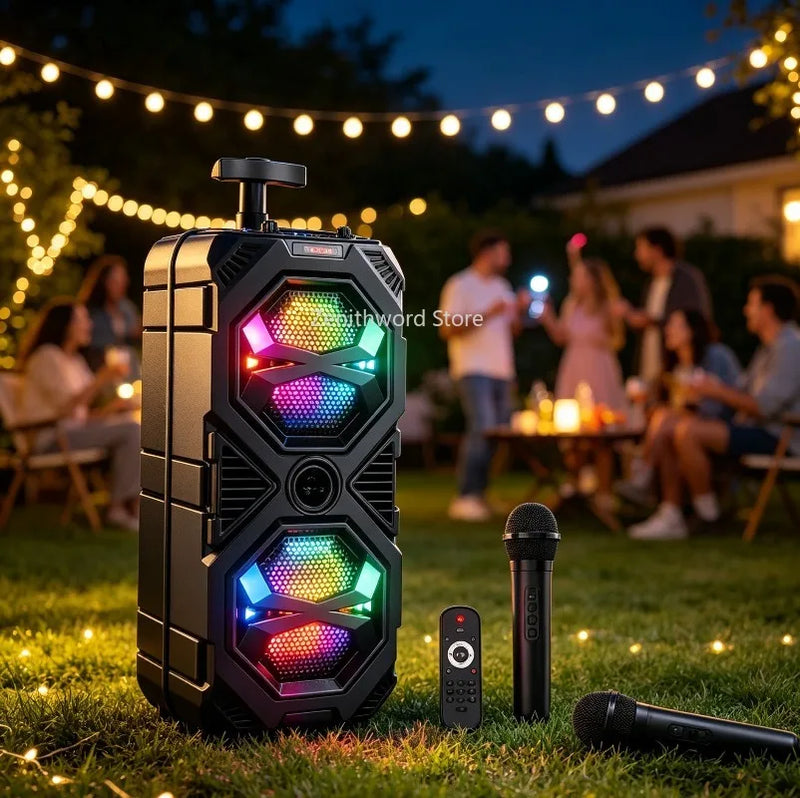 Enceinte karaoké lumineuse – enceinte de format colonne en soirée dans un jardin, avec micro et télécommande