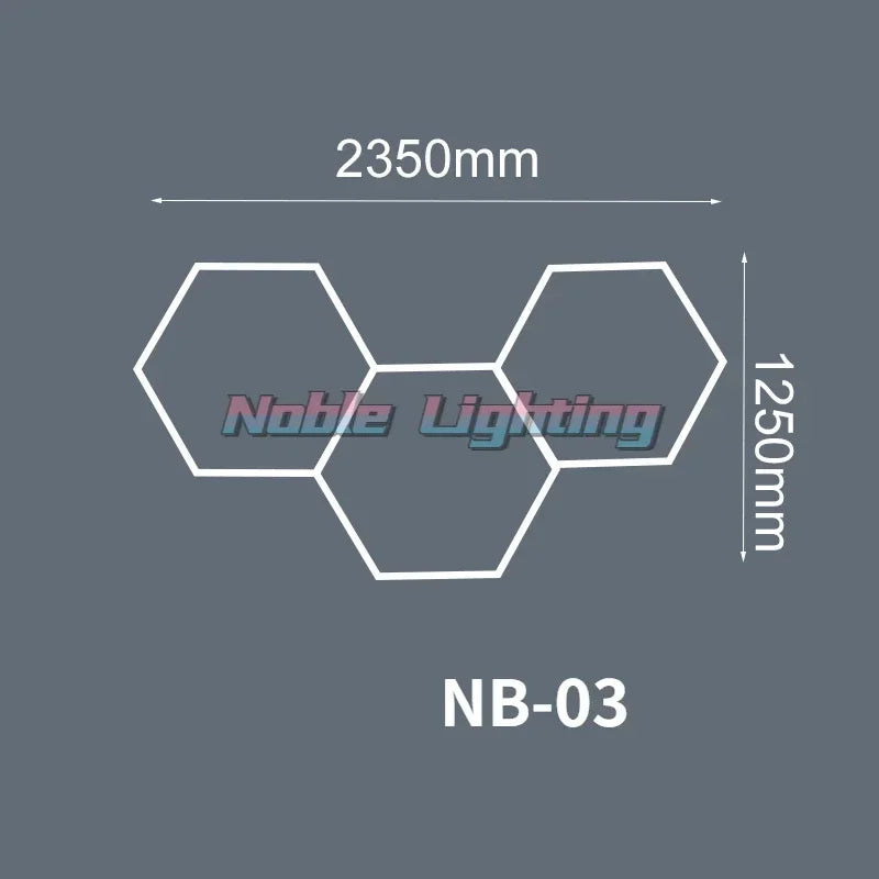 Éclairage LED nid d'abeille – configuration de 3 hexagones de 235 x 125 cm