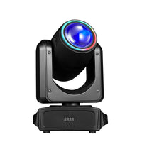 Mini lyre LED beam 180 W – vue de face, anneau RGB bleu allumé