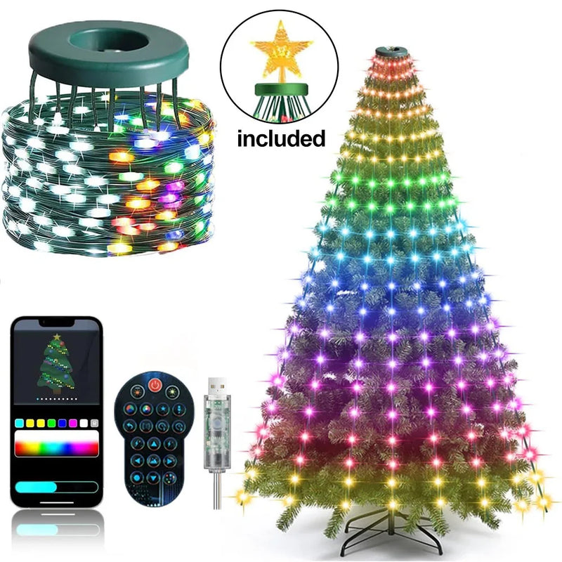 Guirlande de sapin cascade RGB – version USB 256 LED avec télécommande et téléphone
