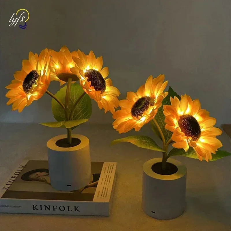 Veilleuse LED tournesol rechargeable USB, 3 fleurs lumineuses en pot, 26 cm