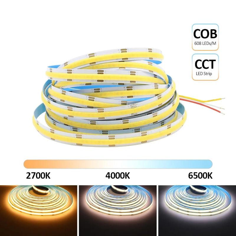 Ruban LED COB CCT 5 m – ruban COB CCT de 5 m enroulé, blancs de 2700 K à 6500 K