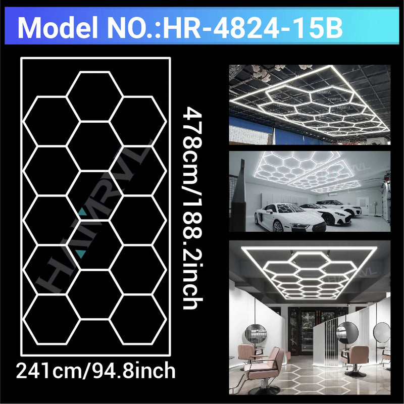 Plafonnier hexagonal LED – modèle de 15 hexagones avec cadre, 241 x 478 cm