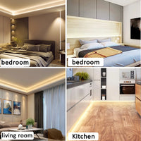 Bande LED COB 220 V – exemples d'éclairage dans une chambre, un salon et une cuisine
