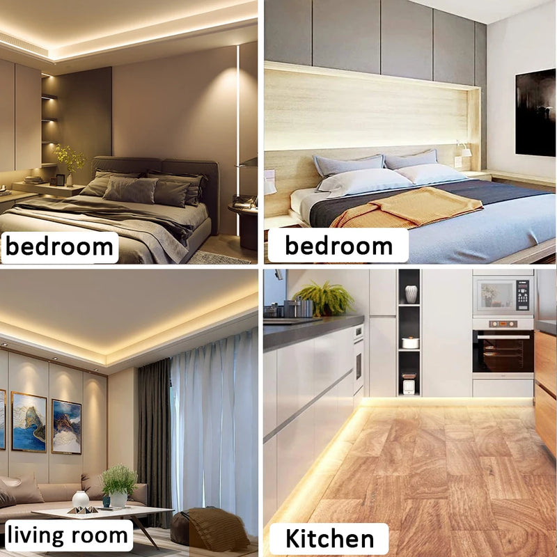 Bande LED COB 220 V – exemples d'éclairage dans une chambre, un salon et une cuisine