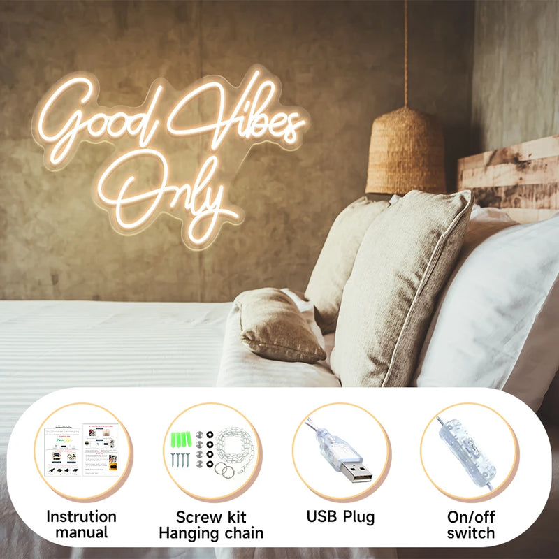 Néon déco LED « Good Vibes Only » ou « Chill Vibes » – néon « Good Vibes Only » au-dessus d'un lit avec accessoires fournis