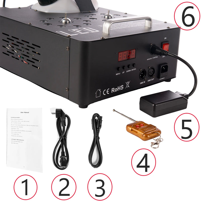 Machine à fumée 2000 W à double tube, DMX 13 canaux, LED RGB et télécommande sans fil