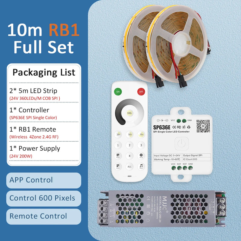 Ruban LED COB 24 V – contenu du kit de 10 m avec télécommande tactile