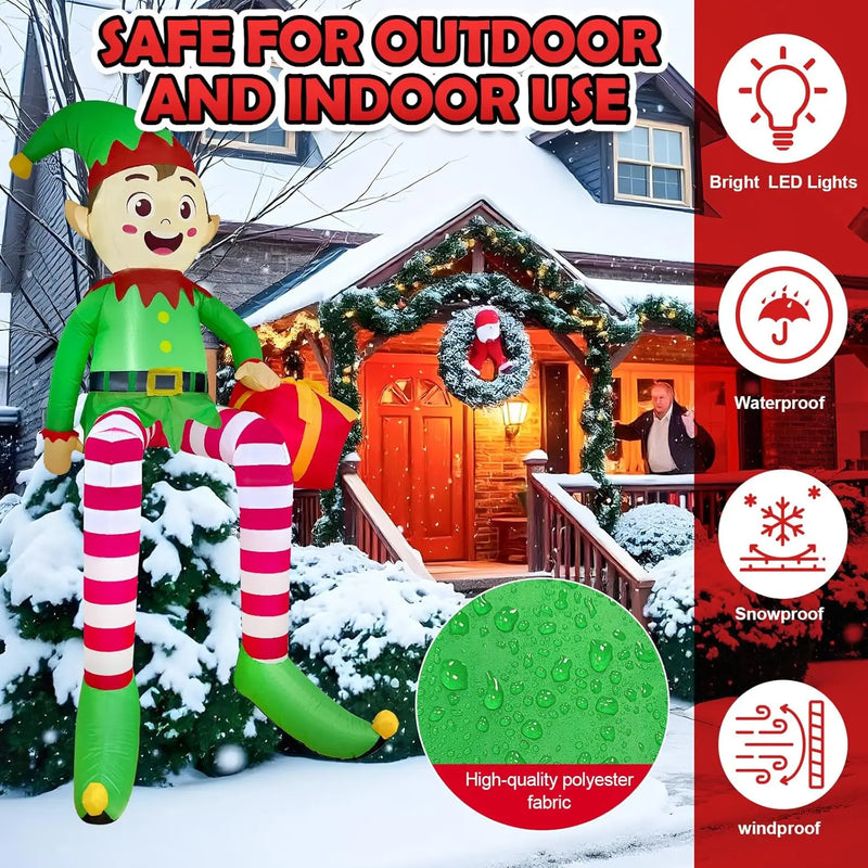 Elfe de Noël gonflable assis, 2,45 m, avec LED et cadeau