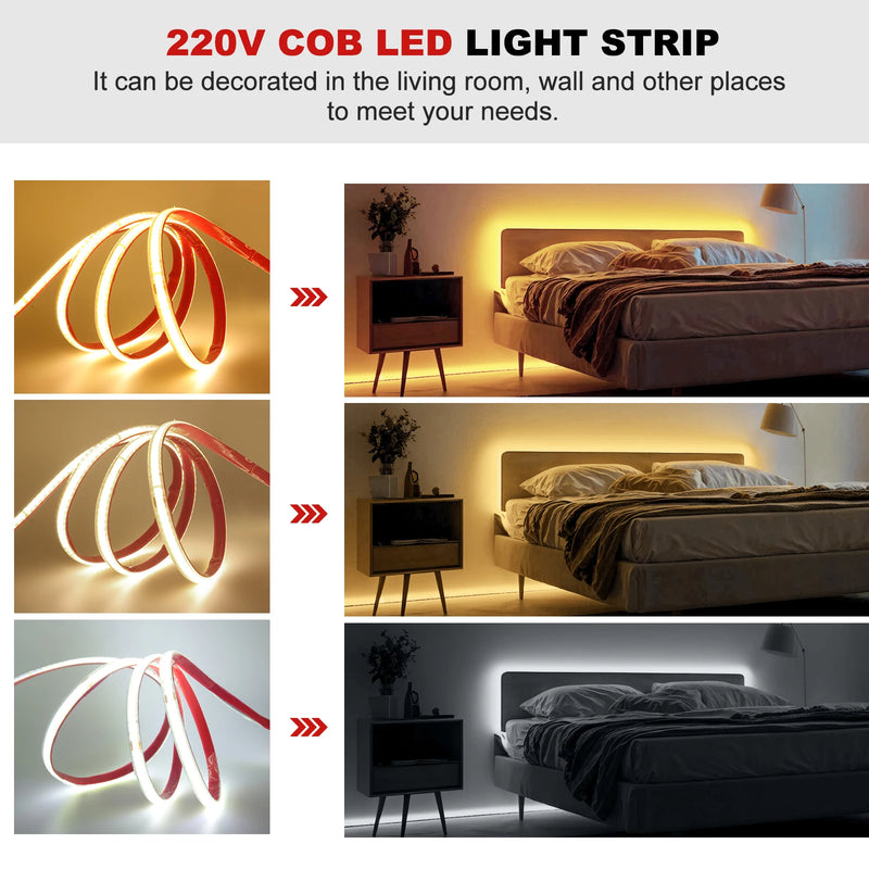 Ruban LED extérieur COB 220 V IP65, 240 LED/m, jusqu'à 100 m