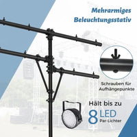 Pied d'éclairage double barre en T – détails des vis d'accroche et support de 8 projecteurs PAR LED