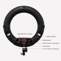 Ring light 45 cm bicolore – dos de l'anneau : écran numérique, port USB-A, prise d'alimentation et logements de batterie
