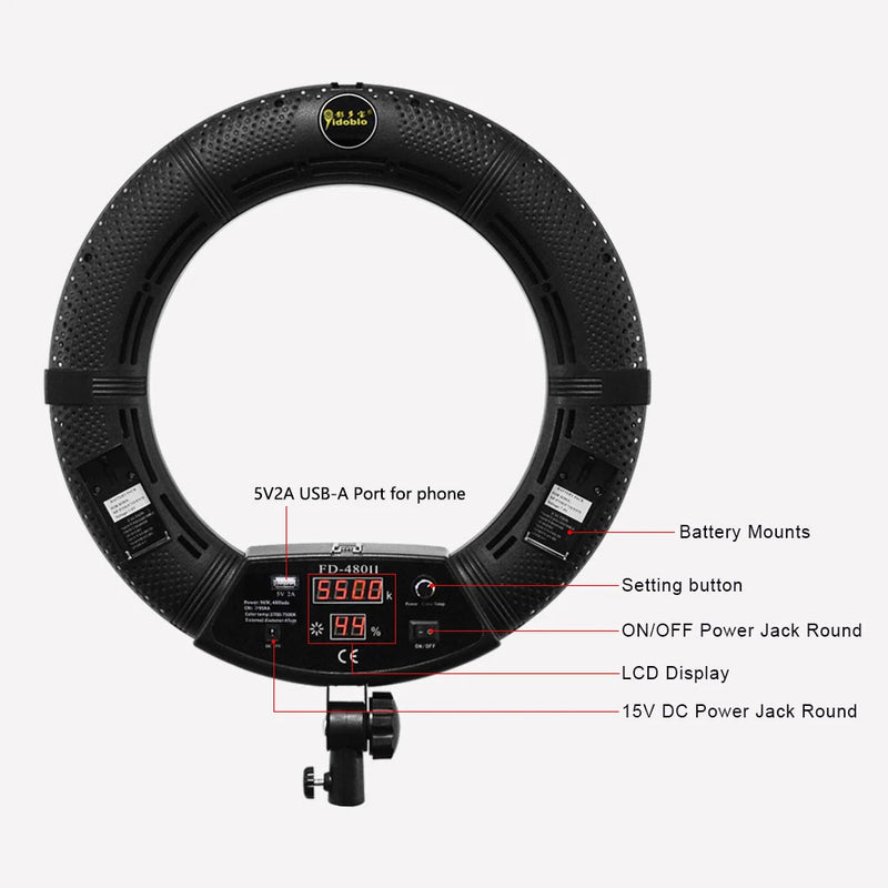 Ring light 45 cm bicolore – dos de l'anneau : écran numérique, port USB-A, prise d'alimentation et logements de batterie