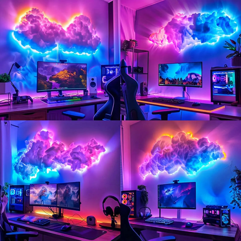 Kit nuage LED plafond multicolore – nuages lumineux au-dessus d'un bureau de gamer