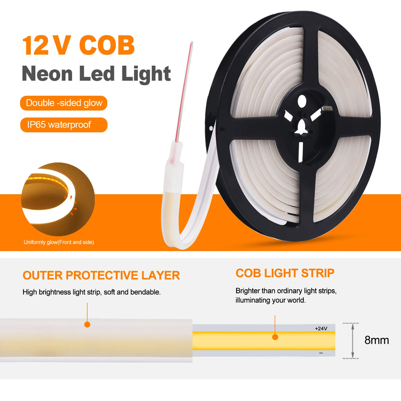 Ruban LED néon COB double face IP65 – ruban sur bobine avec protection extérieure souple