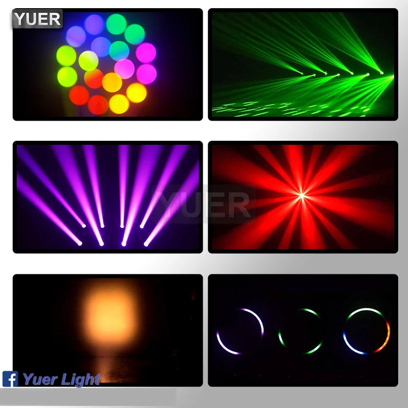 Lyre beam LED 250 W à anneau, focus et frost, 14 gobos, prismes 6 + 12, DMX 14 canaux