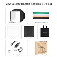 Boîte à lumière photo pliable 40 cm, LED 72 W à variateur, 4 fonds PVC