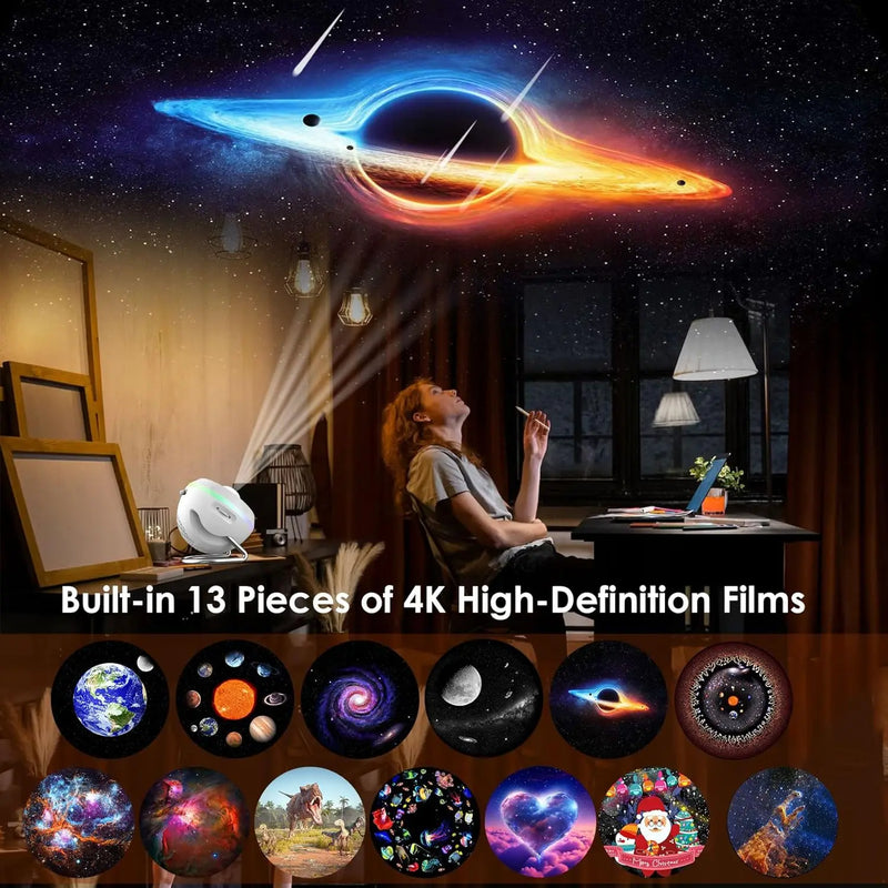 Projecteur galaxie planétarium à météores – 13 films 4K intégrés et personne qui regarde le ciel projeté