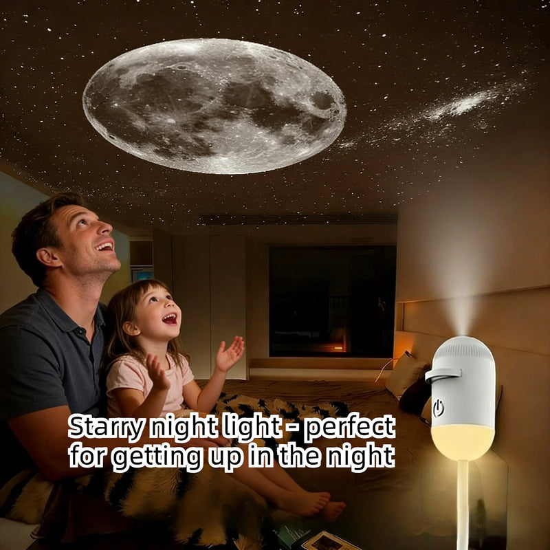 Projecteur galaxie 2 en 1 tactile – Lune projetée au plafond d'une chambre, un adulte et un enfant sur un lit