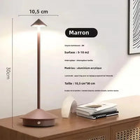 Lampe de table sans fil à chapeau conique – version marron avec dimensions