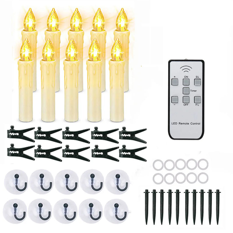 Lot de 10 bougies LED ivoire avec clips, ventouses et télécommande