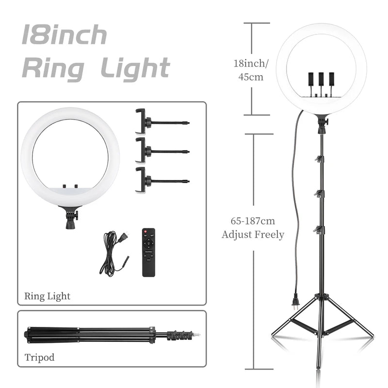 Ring light LED 45-48 cm, trépied au choix, 3 supports téléphone