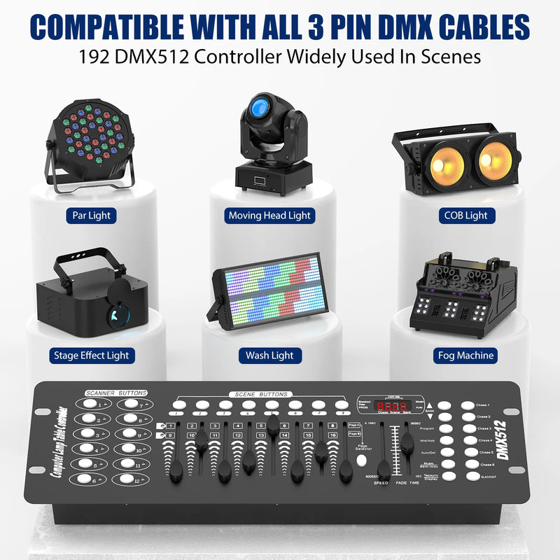 Contrôleur DMX 192 canaux, 12 appareils, 30 banques de 8 scènes, 6 chenillards