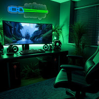 Néon sabre laser – enseigne allumée au-dessus d'un bureau de gamer