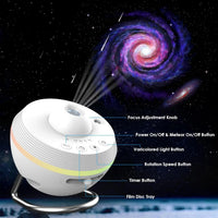 Projecteur galaxie planétarium à météores – boutons : mise au point, météores, couleur, minuterie, vitesse et tiroir à disques