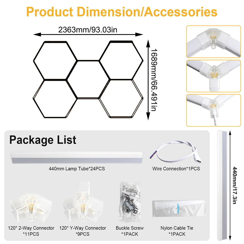 Plafonnier LED hexagonal garage blanc 6500 K, 1 à 14 hexagones
