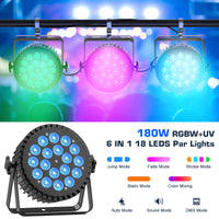 Pack de 2 projecteurs PAR LED 180 W – projecteurs allumés en vert, rose et bleu avec les modes saut, fondu, stroboscope et mélange de couleurs
