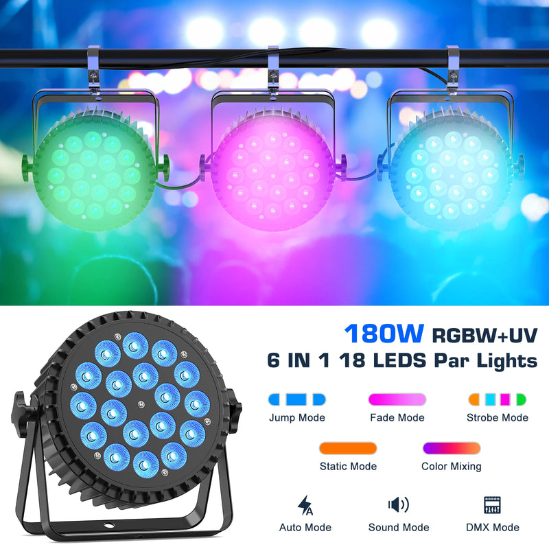 Pack de 2 projecteurs PAR LED 180 W – projecteurs allumés en vert, rose et bleu avec les modes saut, fondu, stroboscope et mélange de couleurs