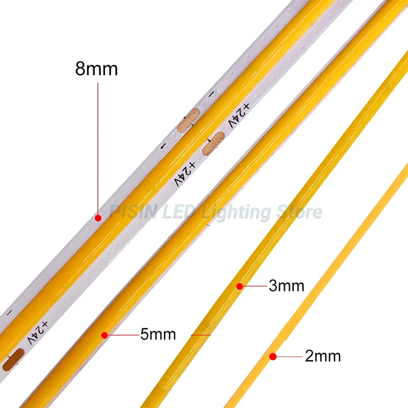Ruban LED COB ultrafin – largeurs de 2, 3, 5 et 8 mm comparées